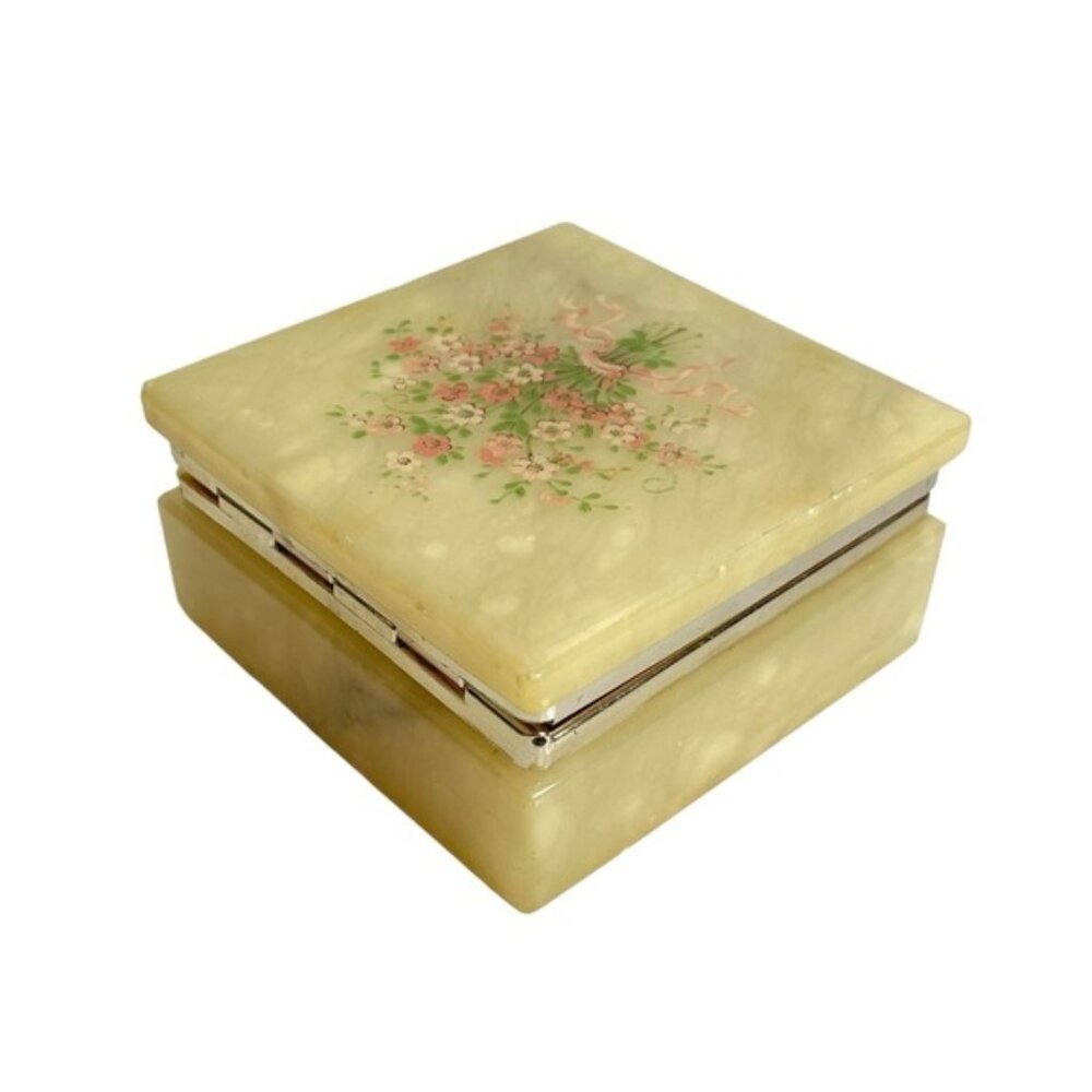 Vintage 1950s Floral Alabaster Trinket Jewelry Holder BoX Hand Carved in Italy